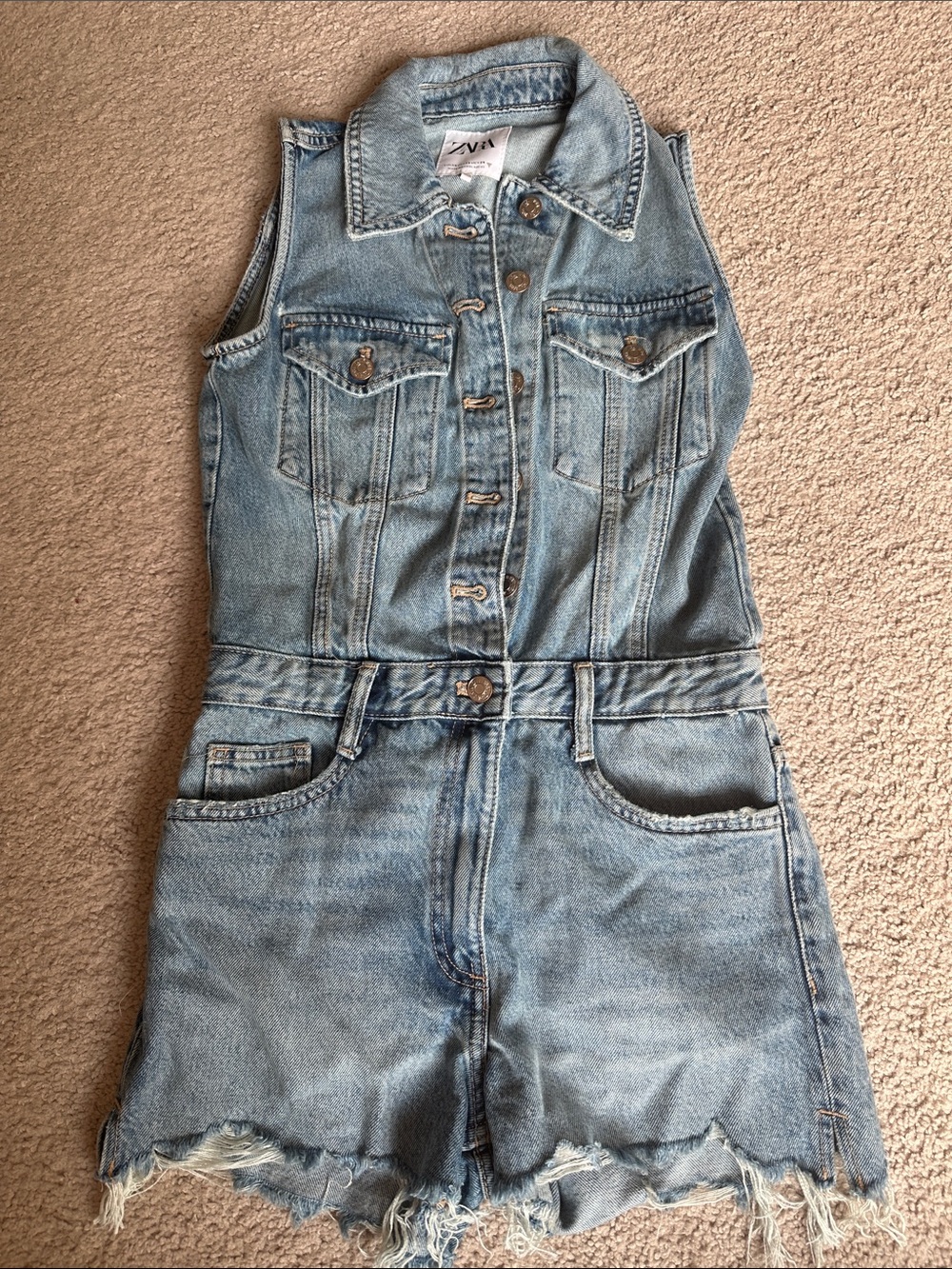 Zara Light Blue Denim Sleeveless One-Piece Romper- Size XS